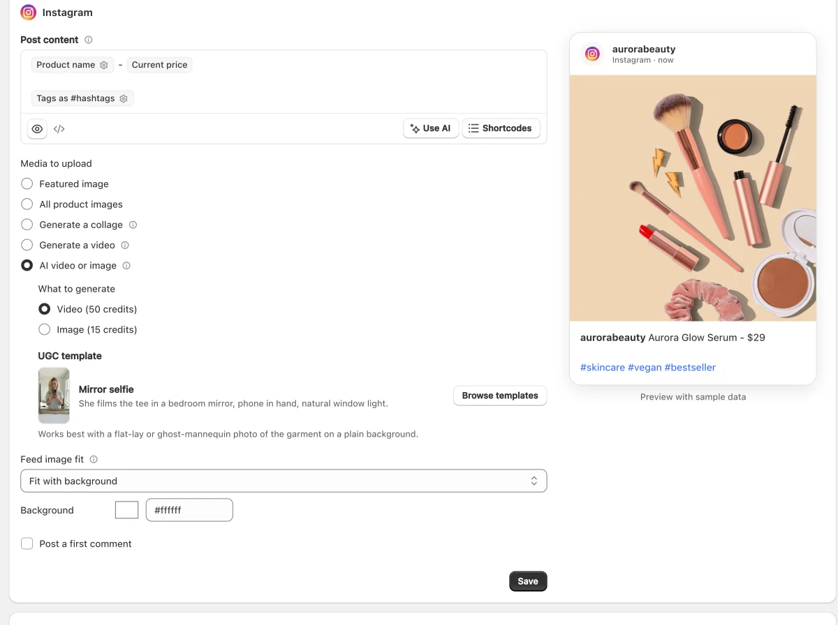 Yoomru's Instagram settings with the media choice set to AI video or image, showing the video and image credit costs and the chosen UGC template with its photo requirement