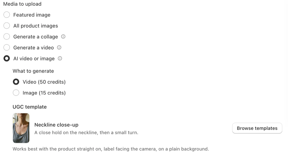 The Yoomru Instagram settings showing AI video or image selected, the Neckline close-up scene chosen, and the note that it works best with the product straight on, label facing the camera, on a plain background