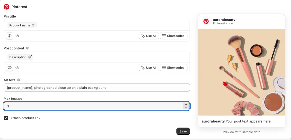 Yoomru's Pinterest settings: a pin title template, a post content template, an alt text template, a max images field set to three and an attach product link checkbox