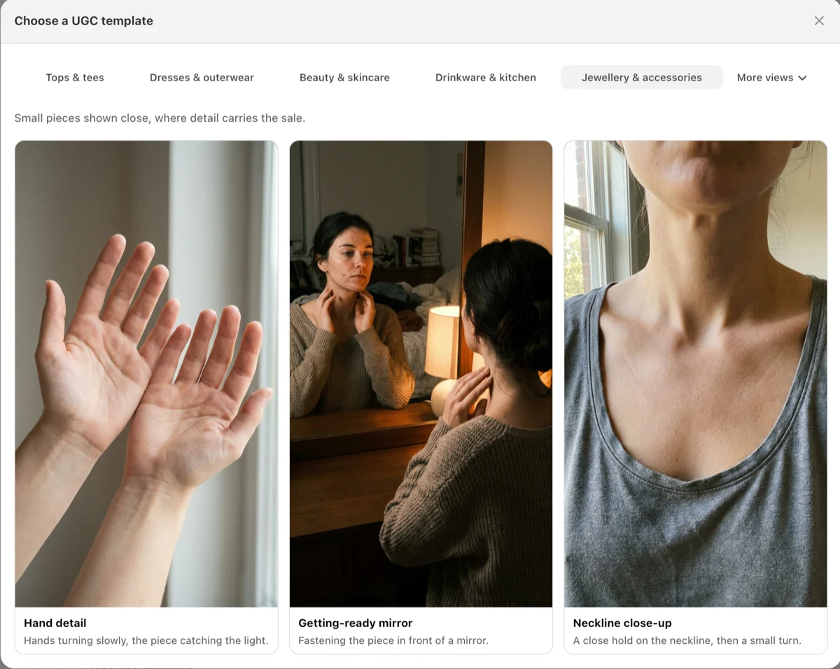 The Yoomru template picker open on the Jewellery and accessories category, showing three scenes: Hand detail, Getting-ready mirror and Neckline close-up