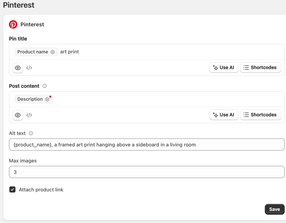 Yoomru's Pinterest settings: a pin title template, a post content template, an alt text field, a max images field set to three and an attach product link checkbox