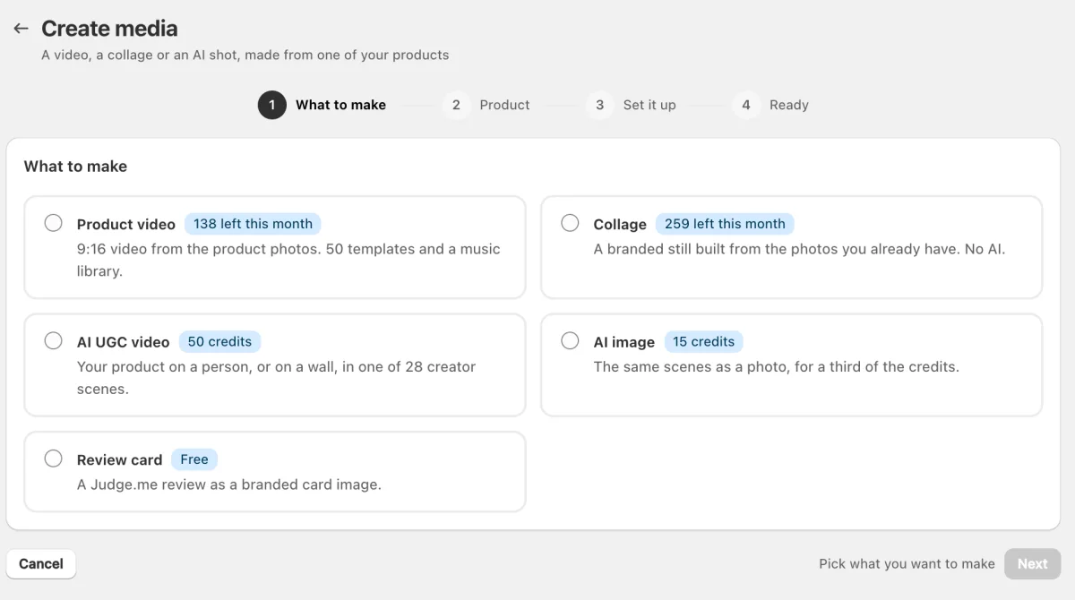 The Yoomru Studio create wizard on step one, listing product video, collage, AI UGC video at 50 credits, AI image at 15 credits and review card