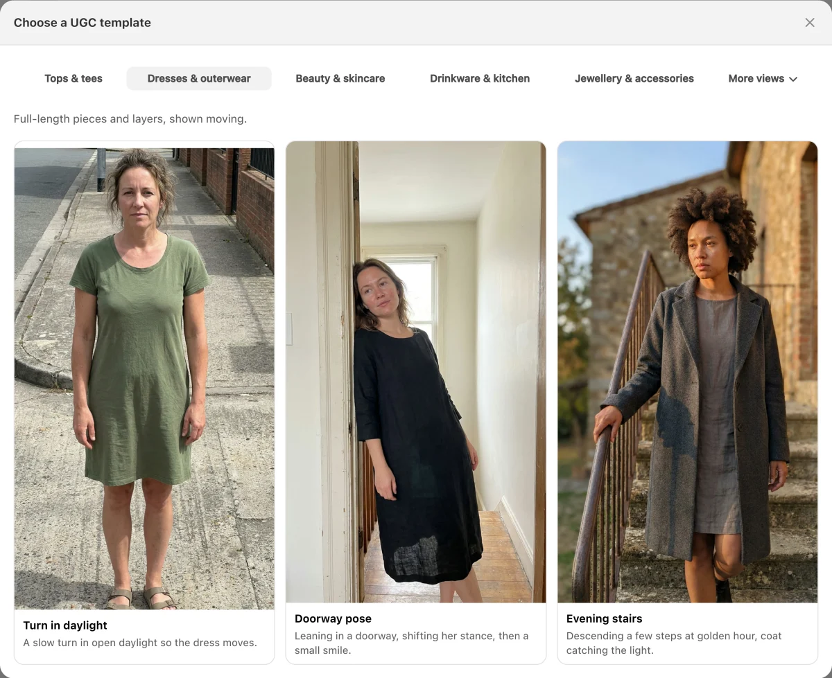 The Yoomru template picker open on the Dresses and outerwear category, showing three scenes: turn in daylight, doorway pose and evening stairs