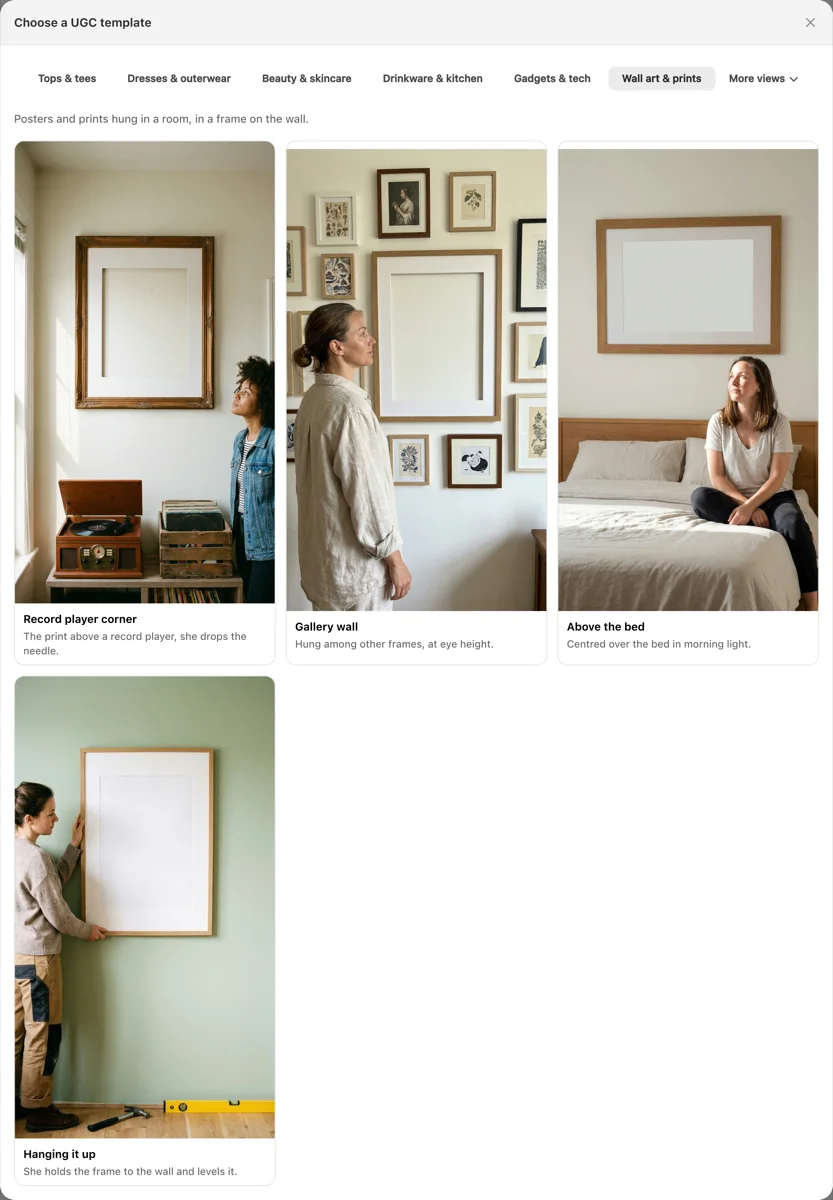 The Yoomru template picker open on the Wall art and prints category, showing four room scenes with empty frames: record player corner, gallery wall, above the bed, and hanging it up