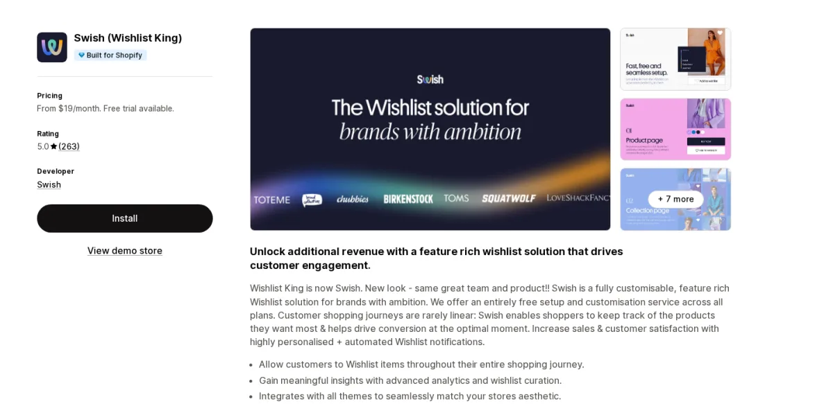 Swish Wishlist King Shopify App Store listing screenshot