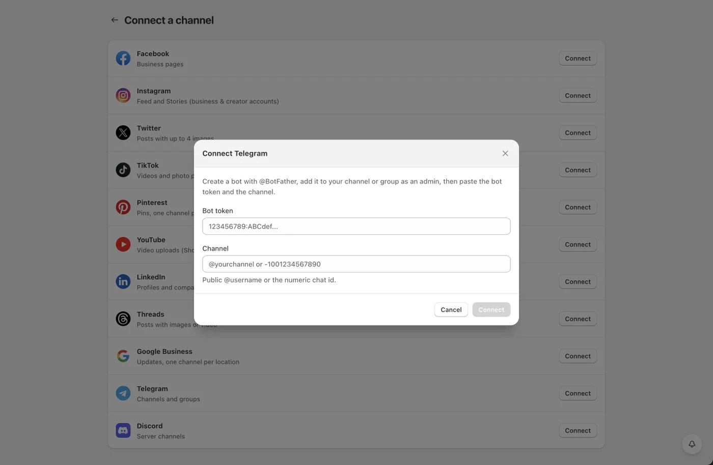 Telegram connect dialog