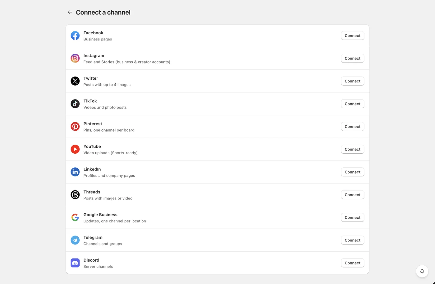 The Connect a channel page