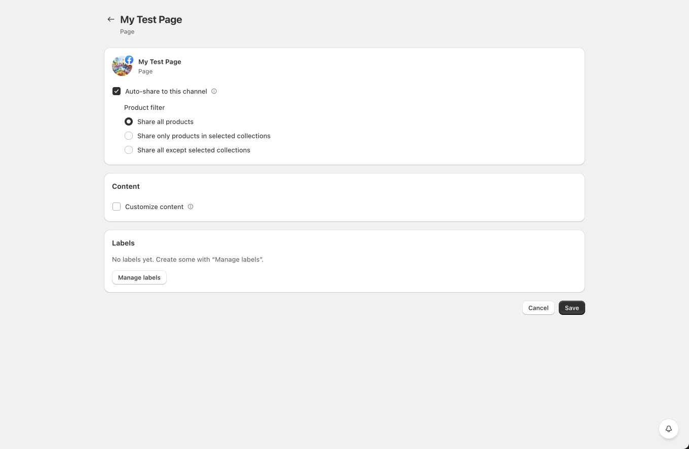 Facebook channel settings