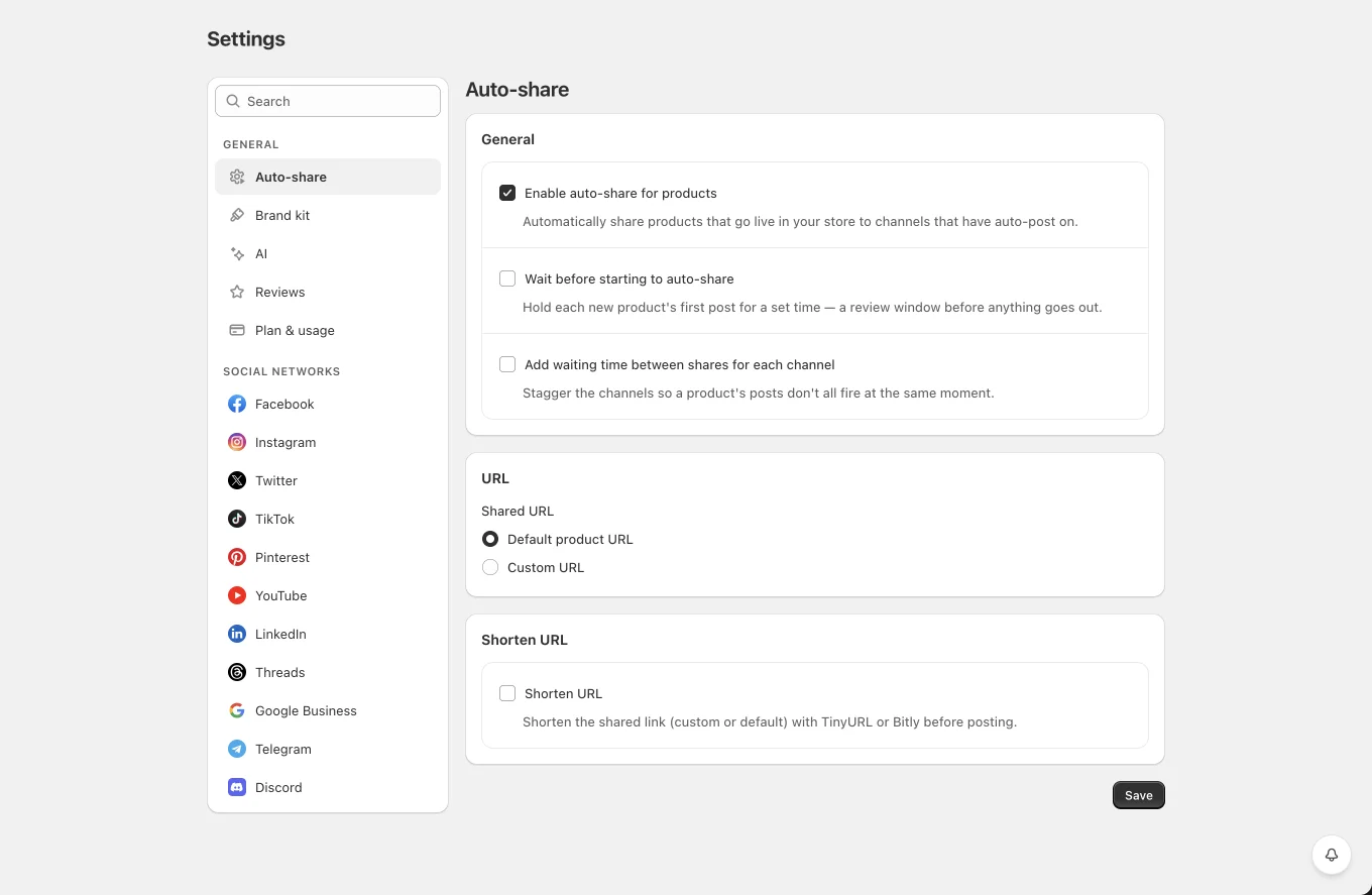 The Settings page